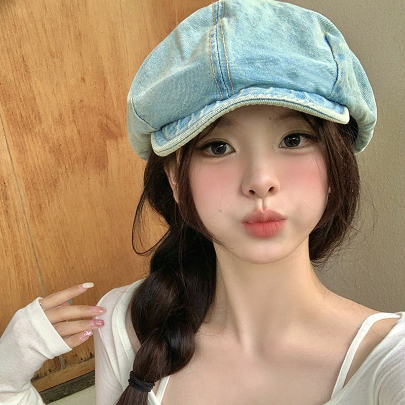Cowboy beret women's face-showing small hat 2024 summer thin retro octagonal hat big head circumference cloud hat painter hat