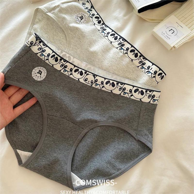 8524 Trendy brand style thunder four-tone gray 7A antibacterial panda cotton extended crotch underwear for women skin-friendly breathable mid-waist