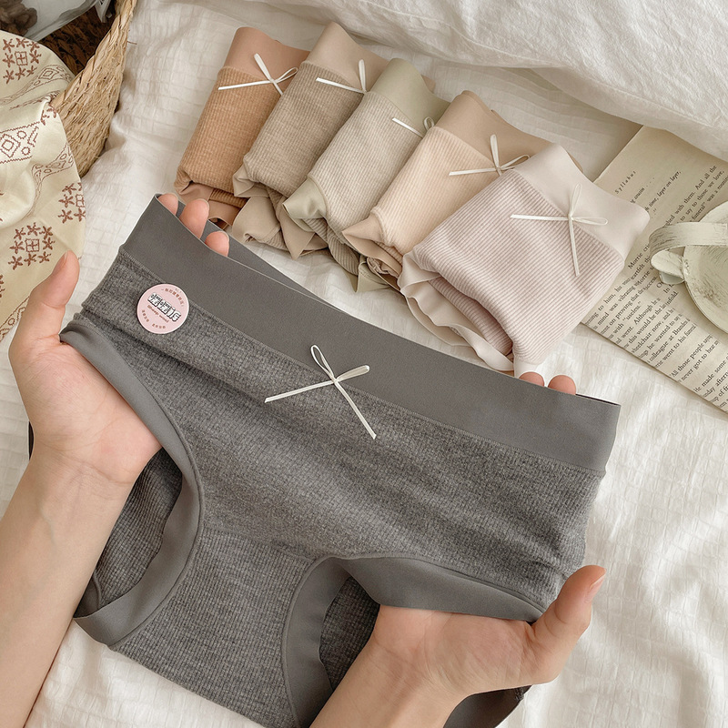 Earth color widened seamless cashmere feel warm pants women's briefs brushed hair thermal rib cotton underwear silk crotch