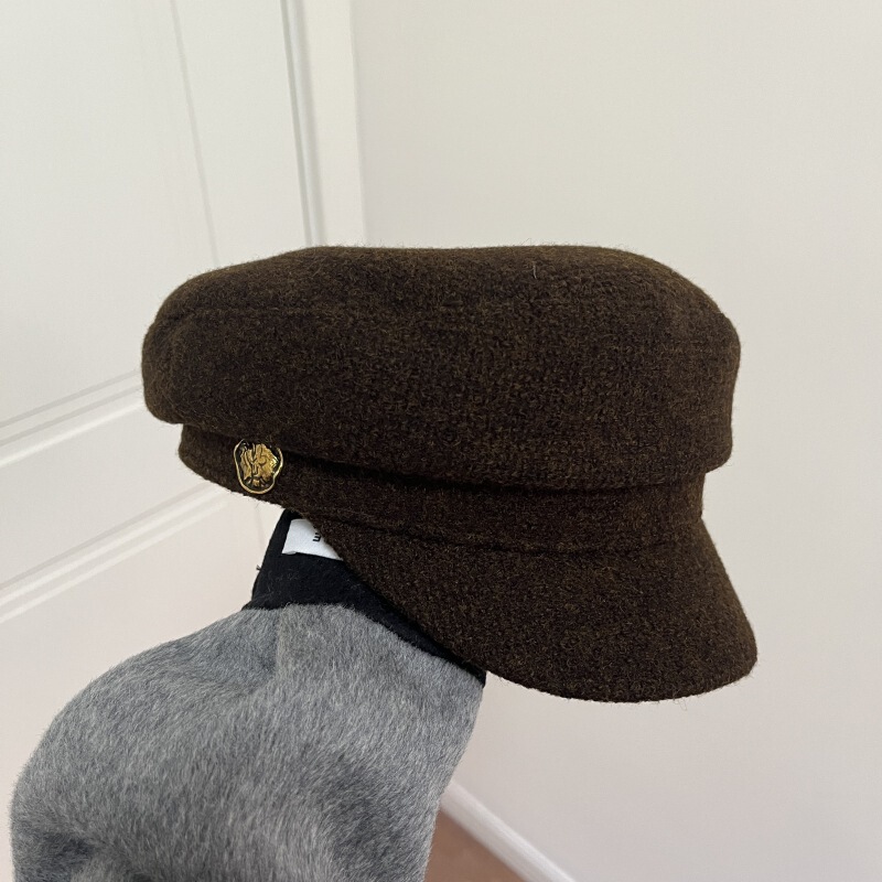 Fashionable brown woolen navy octagonal hat for women in autumn and winter British retro newsboy painter hat