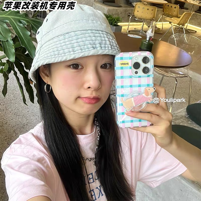Suitable for Apple XR modified 15Pro pink blue plaid trendy XR modified 14Pro modified mobile phone case creative high quality