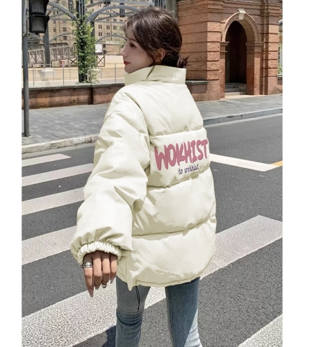 High-end street letter printed stand collar cotton jacket for female students. Winter warm, loose and versatile cotton jacket.