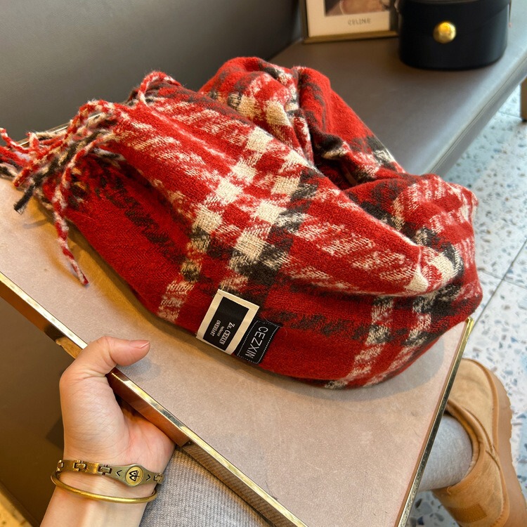 Scarf Women's Winter New Year Red New Korean Style Versatile Warm Scarf Imitation Cashmere Red Plaid Thickened Shawl