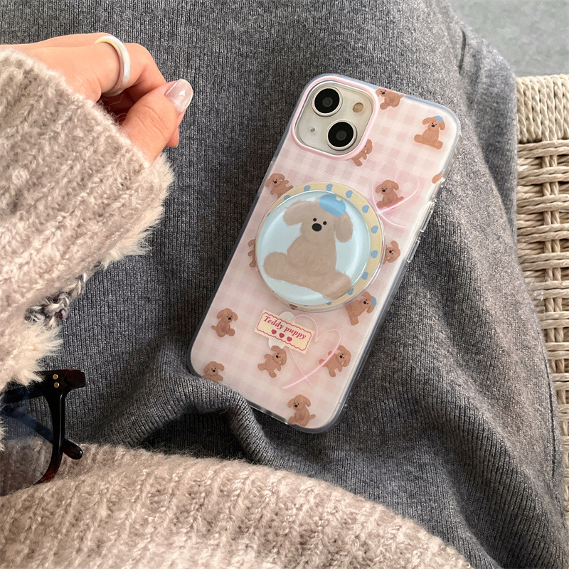 Pink Plaid Love Dog 13Promax14Promax Magnetic Phone Case Suitable for iPhone15/12Pro