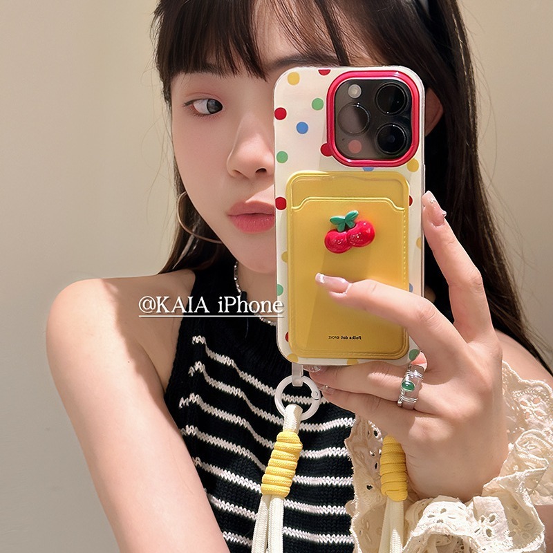 ins sweet girl cherry polka dot suitable for iphone14Pro Max apple 15 mobile phone case 13 card 12 lanyard 11