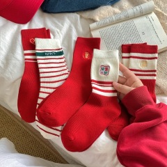 Double needle embroidery blessing ins thick thread animal year socks wedding couple wedding socks red new year-middle tube
