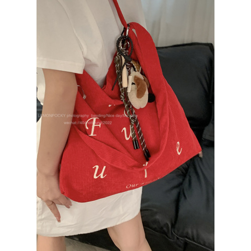 Korean style embroidered letters corduroy large bag for women 2024 new tote bag student class large capacity crossbody bag