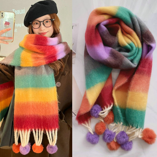 Dopamine rainbow striped rabbit fur ball scarf women's Korean style winter hot striped shawl colorful versatile new scarf