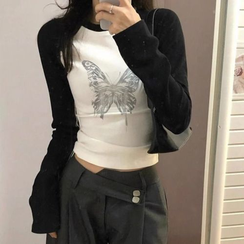 】Threaded polyester】(Free on all platforms) French stitching contrasting butterfly print long-sleeved T-shirt for women