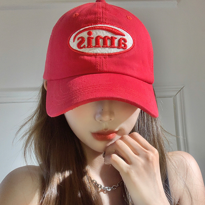 Korean style red baseball cap for women, spring and summer, casual, versatile, large head circumference, face-showing, small soft top, peaked cap, sun hat