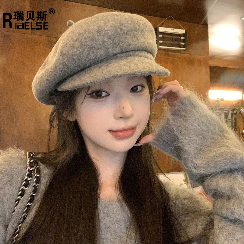 Three-dimensional shaped woolen beret women's autumn and winter warm hat Korean style face-showing little painter hat versatile octagonal hat