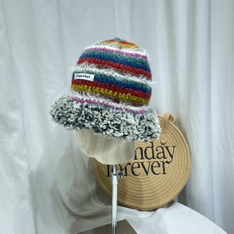 Japanese niche hand knitted stitching plush fisherman hat women's autumn and winter retro color matching striped wool basin hat to keep warm