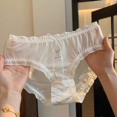 Lace fungus-edged ice silk underwear for women, summer thin nude feel, breathable cotton, pure cotton antibacterial crotch mid-waist briefs for women