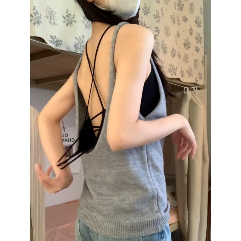 American backless knitted camisole two-piece set for women in summer with cross-back beautiful underwear, unique and chic tops