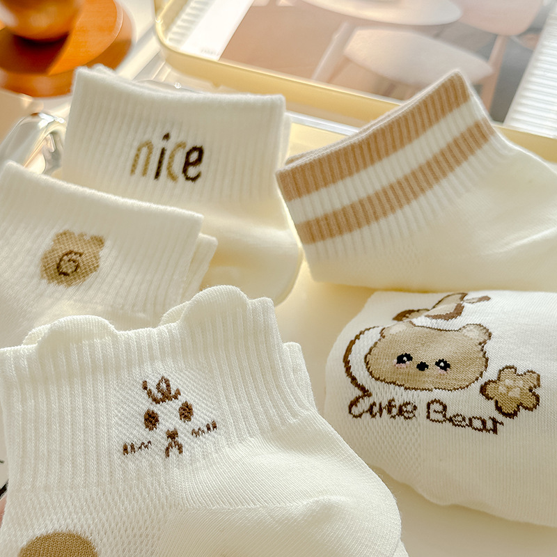 Milky White Summer Socks Women's Mesh Breathable Sweat-Absorbent Cartoon Bear Spring and Summer Boat Socks Sweet Sports Style Socks
