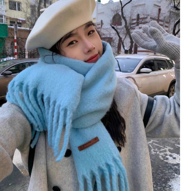 ins Iceland Blue Girl Wool Blended Solid Color Scarf Women's Autumn and Winter Atmosphere Warm Korean All-match Scarf