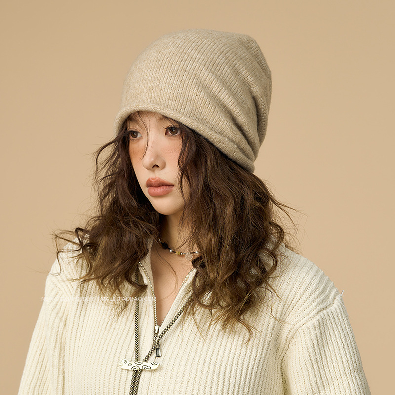 Autumn and winter wool pile hat for women retro khaki knitted toe cap solid color warm ear protection wool cold hat