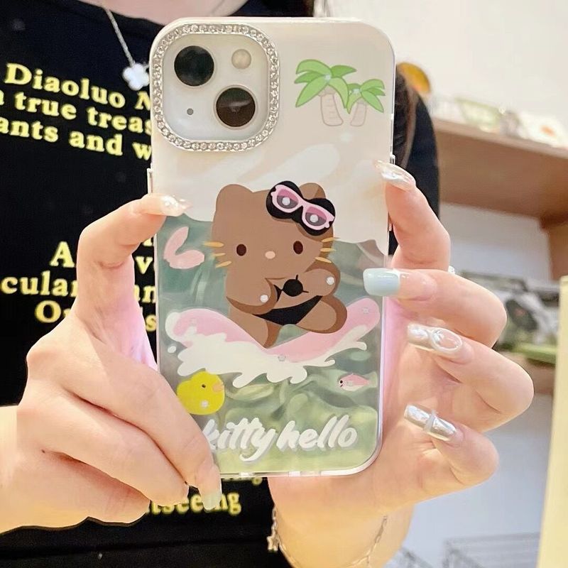 Cartoon cute surfing KT cat iPhone15 Apple 12 suitable for 13/14pro max mobile phone case anti-fall cover 11
