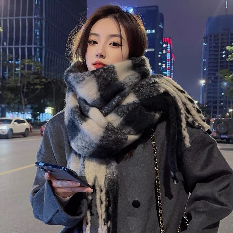 High-end shawl Korean style autumn and winter new Maillard imitation cashmere plaid scarf for women thickened warm versatile scarf