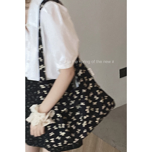 Korean style casual floral canvas bag for women summer 2024 new style tote bag large capacity bucket bag