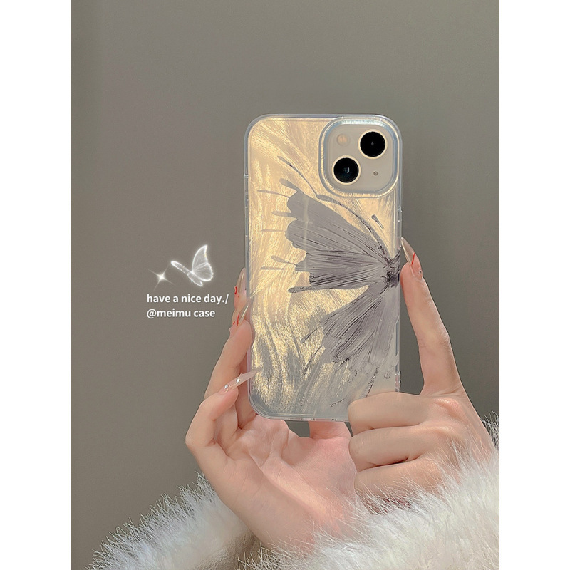 Art feather gauze ink butterfly suitable for iPhone15promax mobile phone case Apple 14 new 13 niche 12 women