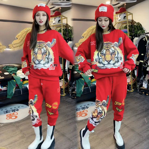 804 Tiger Print 2024 Spring and Autumn Long Sleeve Set Women's Loose Casual Large Size Sports Suit Two-Piece Set
