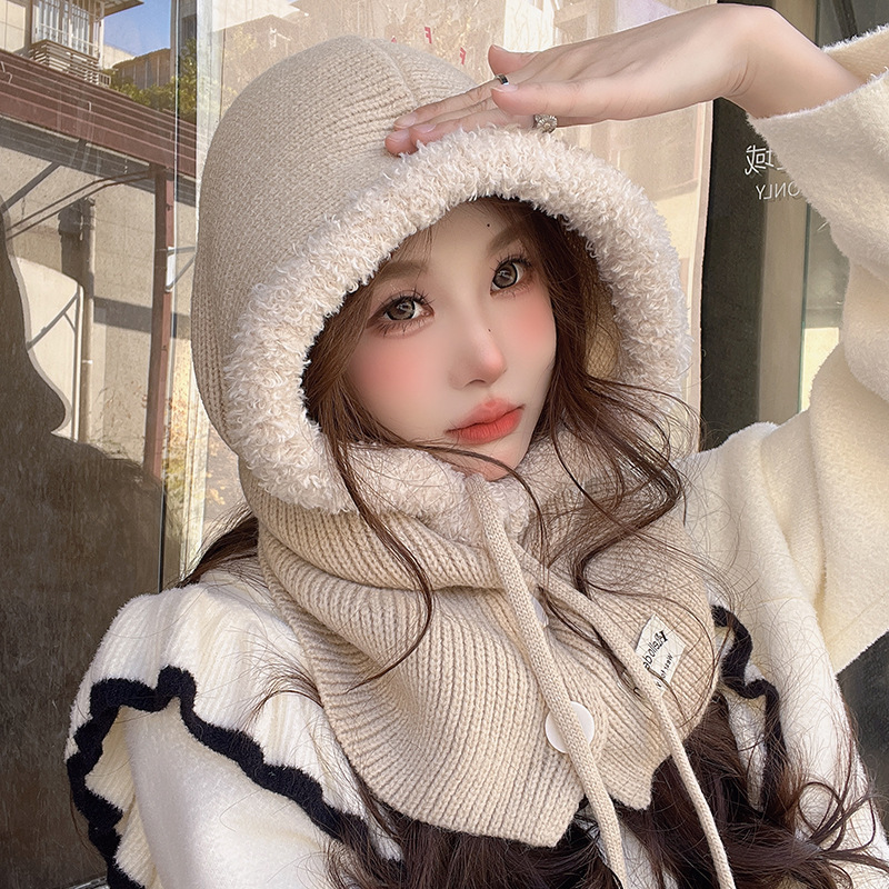 Korean balaclava hat for women winter warm hat and scarf integrated couple style ear protection woolen knitted hat