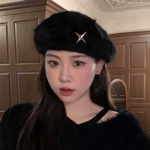 Autumn and winter big head planet versatile beret Korean style hat big head circumference showing face small rabbit hair painter hat