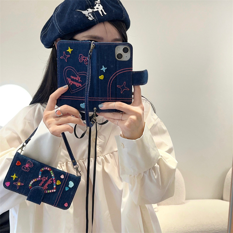 Retro denim flip cover embroidered love for Apple 15Pro Max mobile phone case iPhone14 all-inclusive 13Pro