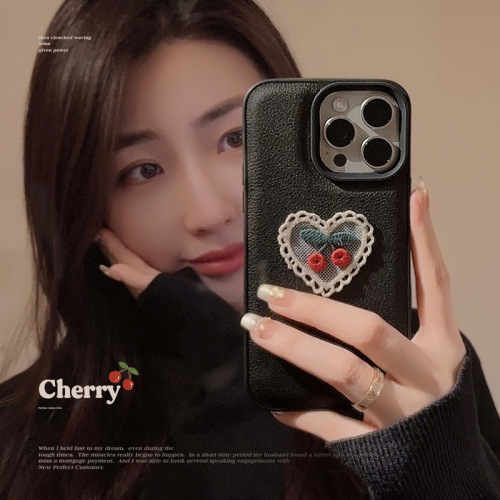 Embroidered love cherry suitable for Apple 15 mobile phone case iPhone 14 promax leather 11 temperament 13 anti-fall 12