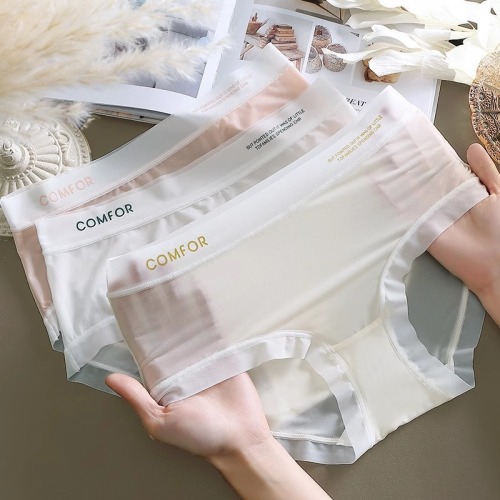 Nude seamless ice silky thin mask pants for girls, traceless quick-drying mid-waist bag hip pure cotton antibacterial crotch underwear for women