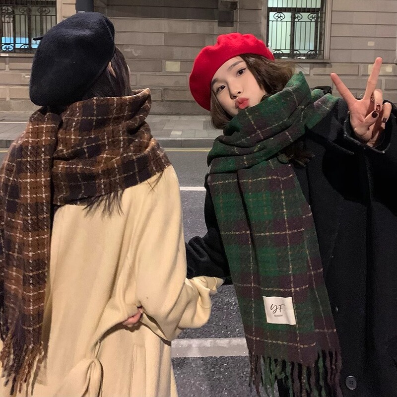 Korean style scarf autumn and winter new style men's and women's high-end imitation cashmere retro green plaid scarf student long shawl