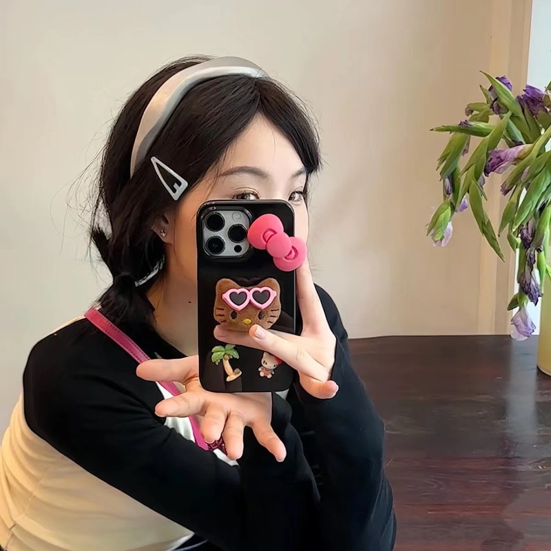 Cute summer coconut tree black leather kitty cat suitable for iPhone15/14promax iPhone 13 mobile phone case 12 soft