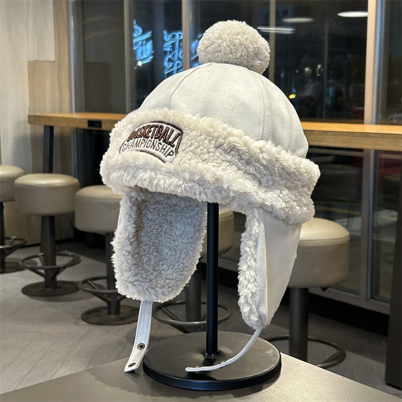 Lei Feng hat for men and women in winter plus velvet to keep warm and versatile fur ball ear protection hat for outdoor cycling and skiing to prevent cold pilot hat