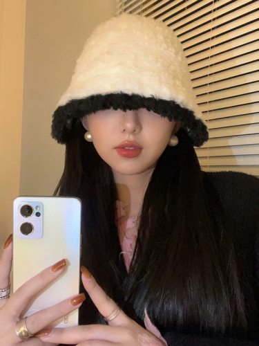 Korean furry fisherman hat for women, thickened, versatile, warm, face-covering bucket hat, autumn and winter plush, face-showing small basin hat