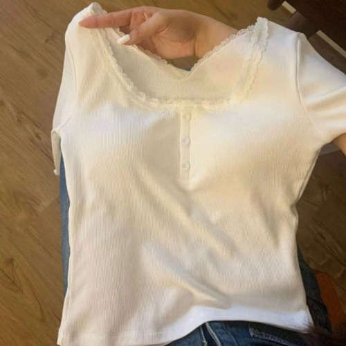 Innocent clavicle-exposed pure desire lace round neck long-sleeved shirt for women with breast pads slim slim and warm bottoming shirt