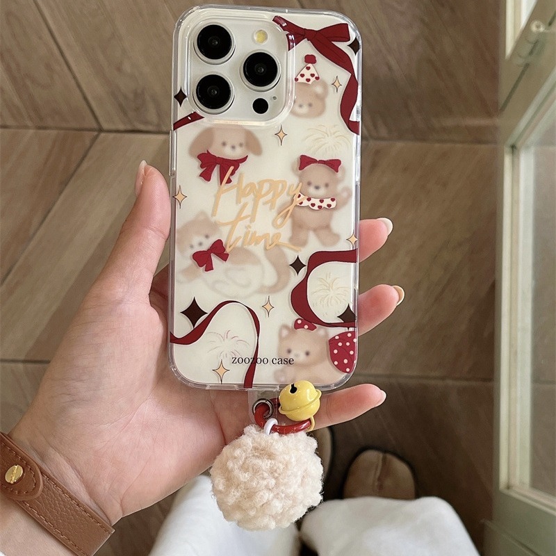 Bow bear bell pendant 15Pro/14Promax mobile phone case suitable for iPhone13/12Pro double layer
