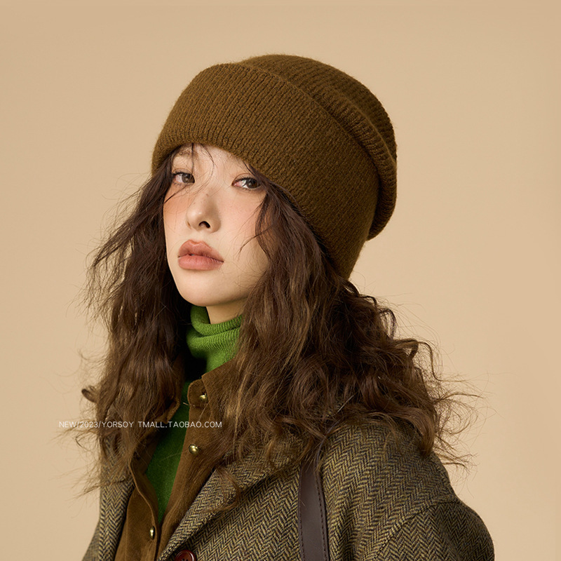 Large head circumference woolen hat women's autumn and winter American retro brown large version loose ear protection warm pile knitted cold hat