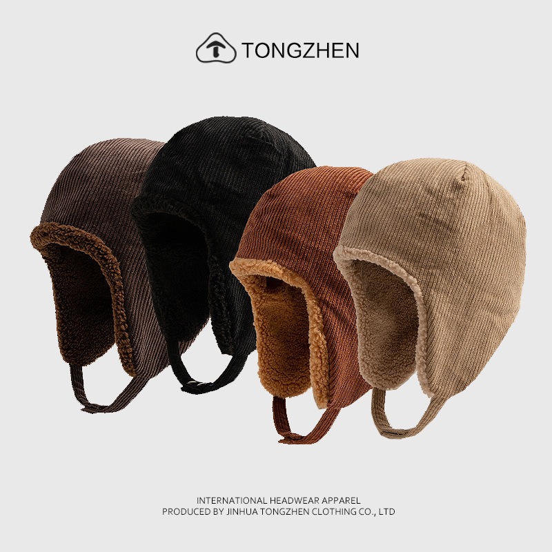 Lei Feng hat winter same style for men and women, thickened warm and cold-proof ear protection hat, corduroy double-sided lamb hair flying hat