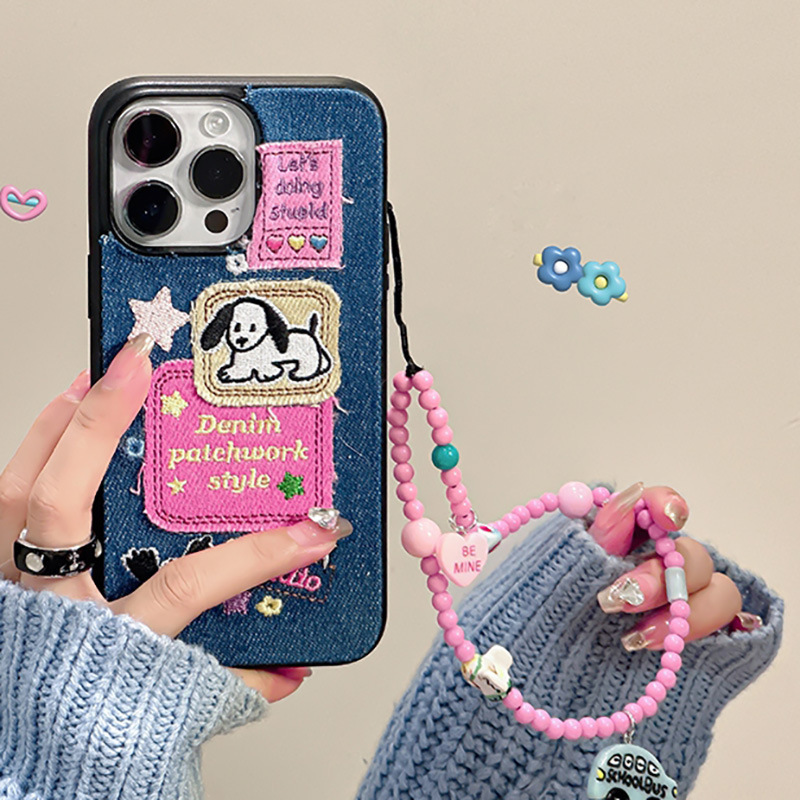 Niche ins sweet and cool denim embroidery puppy iPhone15 mobile phone case suitable for Apple 14Promax anti-fall 11