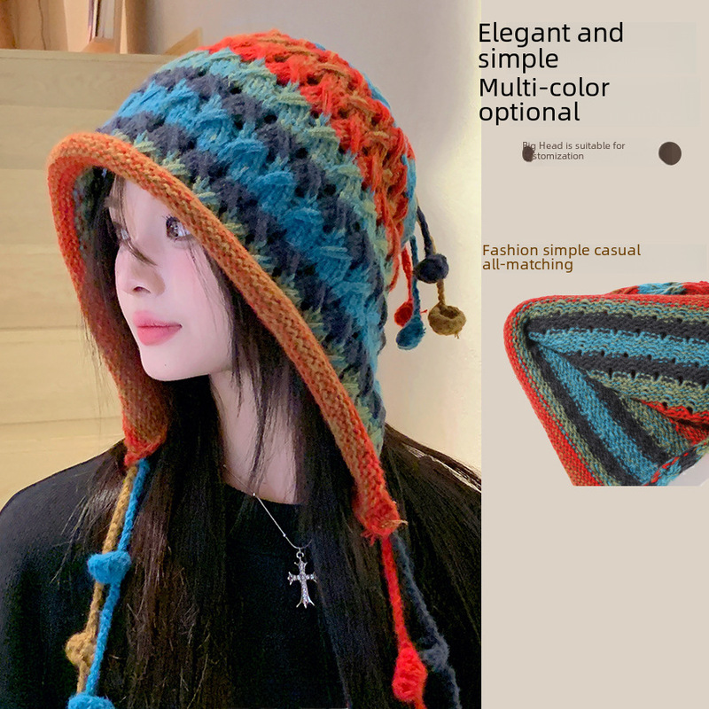 Japanese niche handmade knitted hat Korean colorful tassel fur ball lanyard wool hat Internet celebrity ear protection warm hat