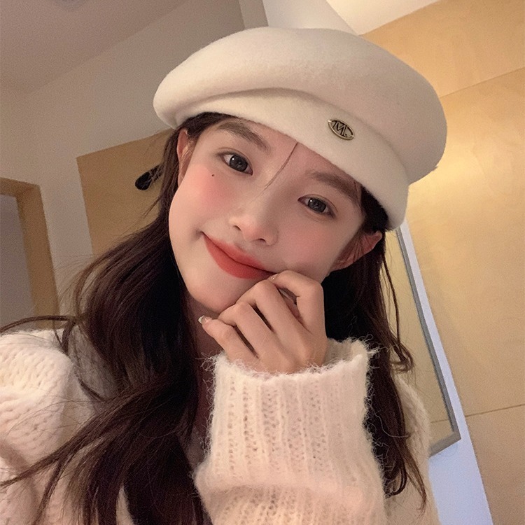New version of large head circumference shaped wool beret for women in winter, Korean version of internet celebrity ins, versatile and fashionable, face-showing little painter