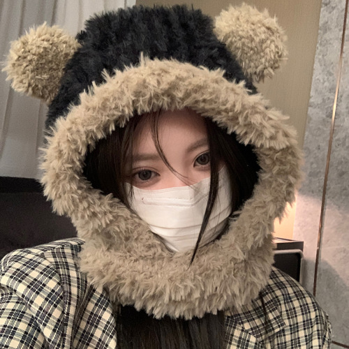 Plush cute bear ears balaclava for women autumn and winter warm ear protection cap and scarf all in one