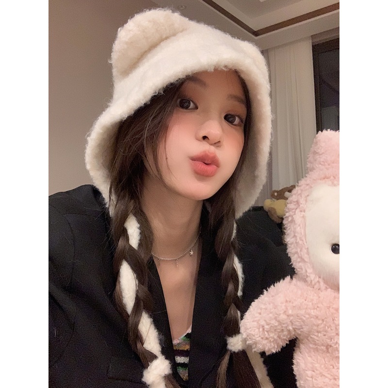 Cute woolen bear ears woolen knitted hat for women in autumn and winter, face-showing, small ear protection, big headband, cold hat