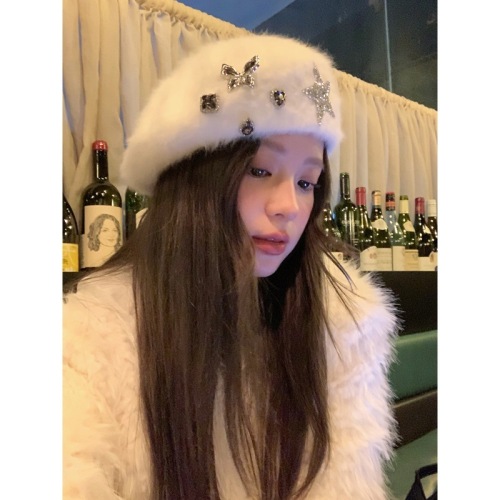 Handmade rabbit fur rhinestone plush beret women's autumn and winter fashion painter hat backward wear forward hat