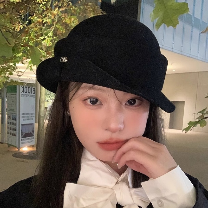 Wool hat women's autumn and winter French Hepburn basin hat temperament high-end hat trendy curled stewardess hat mountain hat