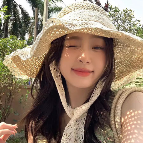 ins straw hat seaside hat lace-up straw hat women's travel sun protection beach sun hat lace edge sun hat