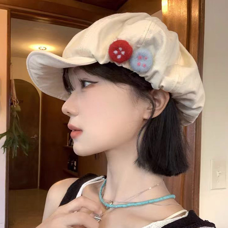 Japanese retro cotton and linen octagonal hat women's summer colorful felt button painter's hat asymmetrical cloud beret