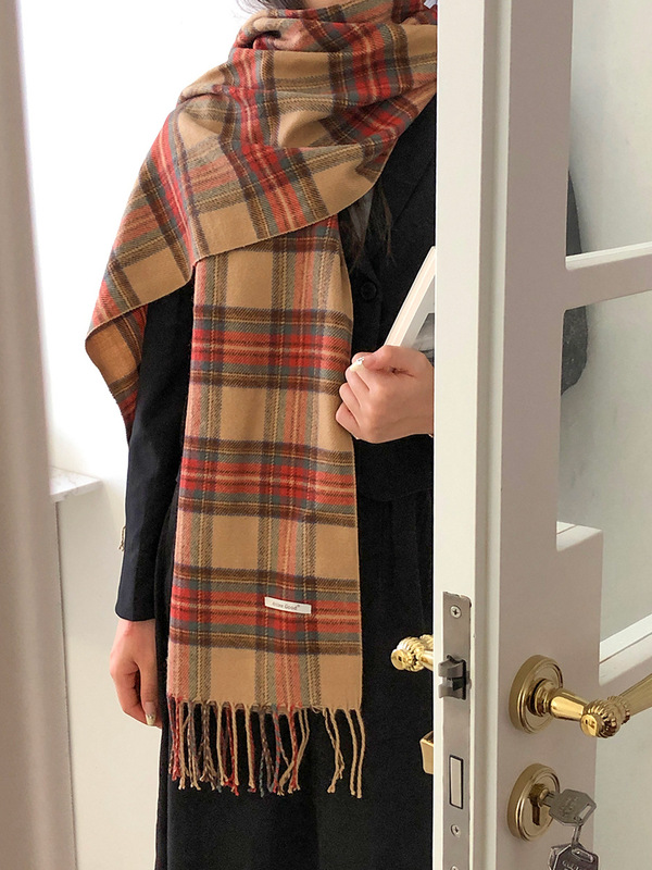 Winter plaid Maillard plaid scarf for women winter new Korean version retro warm brown scarf ins