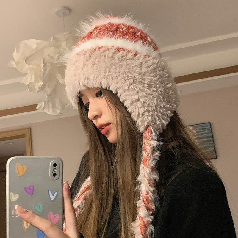 Striped stitching knitted woolen hat autumn and winter women's thickened warm and cold-proof ear protection hood Lei Feng hat